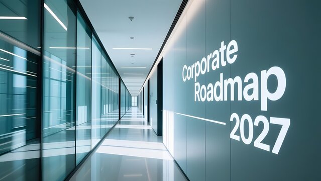 Corporate roadmap 2027 text on office wall, modern business corridor with glass partitions, futuristic company strategy concept