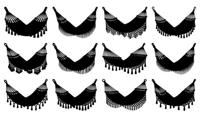 Fototapeta premium Set of Black Decorative Bunting Garland Silhouettes Featuring Multiple Banner Shapes, Patterns and Hanging Tassel Designs