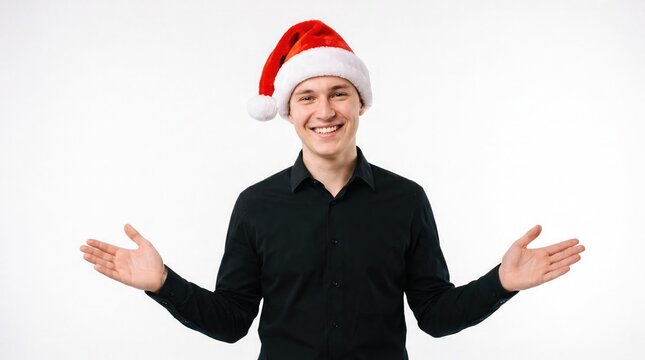 Festive young man wearing a santa hat and winking with open arms