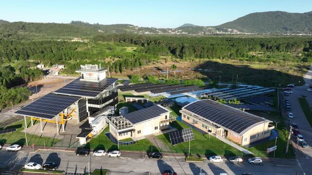 Solar Energy Technology Center with Rooftop Solar Panels, Ground-Mounted Arrays and Photovoltaic Research Systems in Florian&oacute;polis, Brazil. Aerial View.