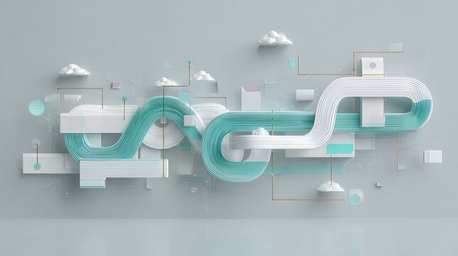 Futuristic 3D infographic pipeline concept with teal and white curved paths floating clouds and abstract geometric data flow nodes