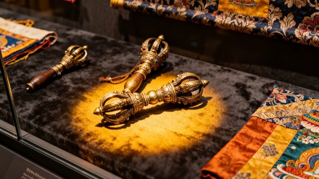 Golden ritual objects displayed in a museum exhibit with ornate textiles