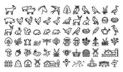 Obraz premium Countryside Wildlife Farm Animals Birds and Rural Nature Outline Vector Collection