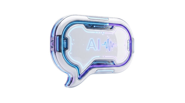 Futuristic AI speech bubble icon with neon glow, metallic smart assistant chat symbol, artificial intelligence voice recognition concept isolated PNG with Transparent Background