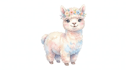 Fototapeta premium Cute watercolor baby llama wearing a pastel flower crown on its head