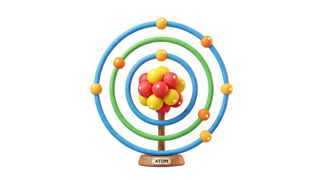 Colorful 3D atom model with wooden stand, educational science toy with protons and electrons, physics learning tool for school classroom isolated PNG with Transparent Background