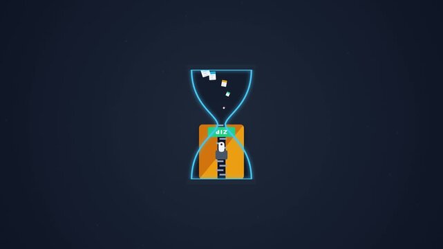 Zip file compression progress animation with folder and hourglass icon