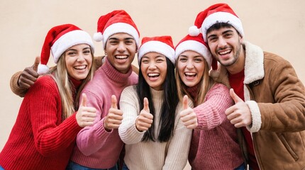 Fototapeta premium Group of friends celebrating christmas together with festive santa hats and smiles
