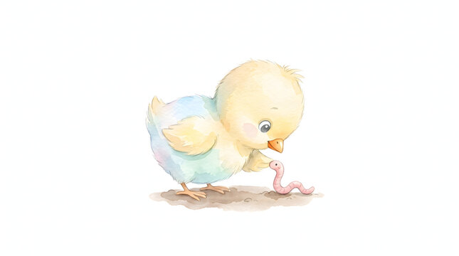 Adorable pastel yellow baby chick observing a pink worm in a whimsical watercolor illustration