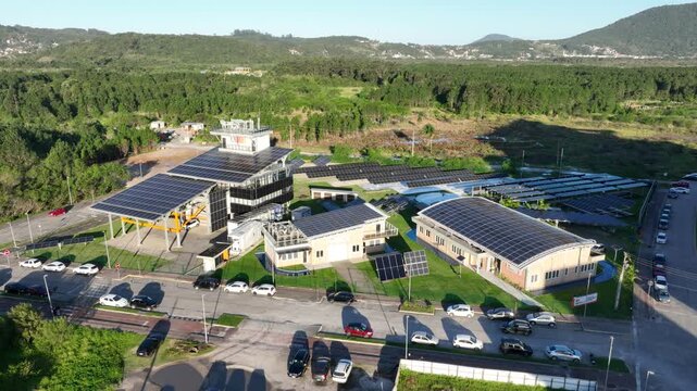 Solar Energy Technology Center with Rooftop Solar Panels, Ground-Mounted Arrays and Photovoltaic Research Systems in Florian&oacute;polis, Brazil. Aerial View.