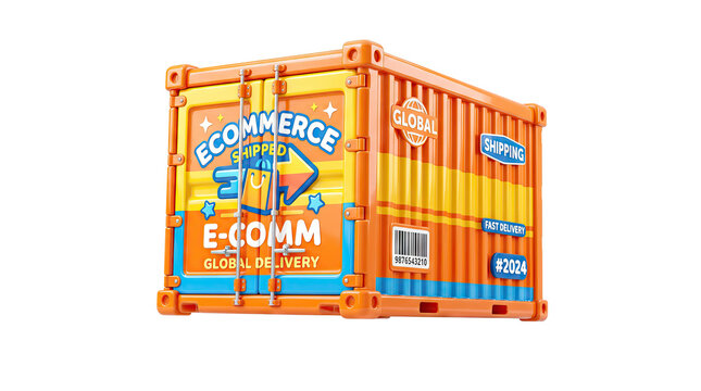 Orange shipping container with ecommerce branding, global delivery cargo crate, commercial logistics and online shopping freight concept isolated PNG with Transparent Background