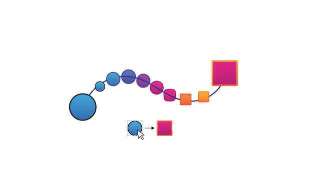 Abstract geometric sequence showing transformation, colorful circle to square morphing process, digital evolution concept