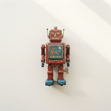 Vintage tin robot toy standing against a plain white background.