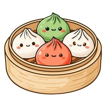 Illustration Kawaii steamed buns in a bamboo basket isolated on transparent background