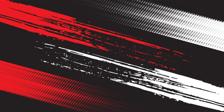 Abstract red and white diagonal grunge brush stroke with halftone pattern background on dark background.