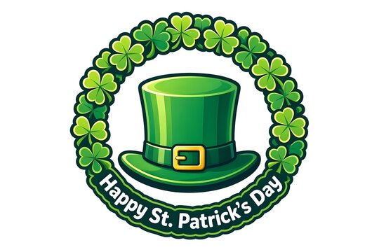St. Patrick's Day celebration badge with a leprechaun hat inside a clover wreath.