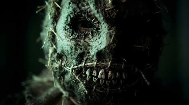 Extreme close-up of a terrifying weathered burlap scarecrow mask with eerie green light for Halloween horror
