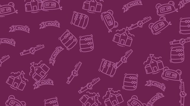 Purple background school house abacus clock ribbon pattern education icons suitable for educational posters, school materials, websites, and social media.