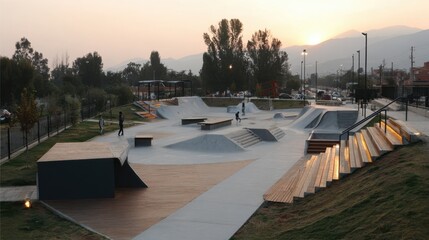Fototapeta premium Skatepark at sunset with ramps, rails, and stairs in an outdoor urban setting.