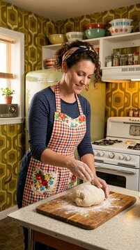 Woman baking in a retro kitchen.