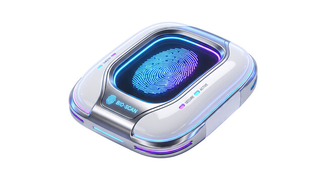 Futuristic biometric fingerprint scanner with glowing blue neon lights, high tech security access control device, modern digital identity verification reader isolated PNG with Transparent