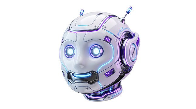Futuristic robot head with glowing blue eyes, humanoid cyborg face with purple neon accents, artificial intelligence concept for tech design isolated PNG with Transparent Background