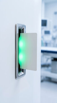 Contactless access card reader healthcare account concept with green indicator in modern medical facility