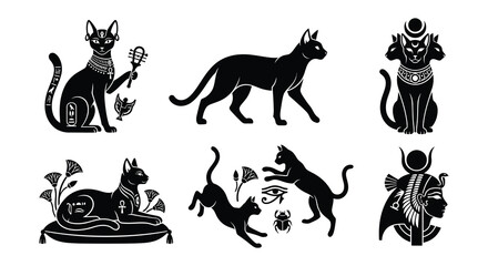 Obraz premium Egyptian cat goddess and feline silhouettes in black vector illustration