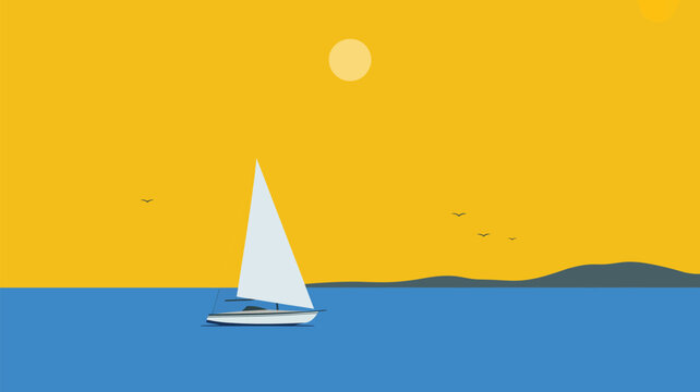 Sailboat leisurely cruises on smooth blue ocean water beneath a glowing sun