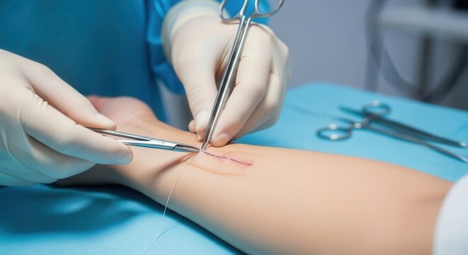 Surgeon's Hands Suturing a Wound on a Patient's Arm with Surgical Tools
