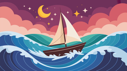 Fototapeta premium Sailboat riding dynamic ocean waves under moon and sparkling stars