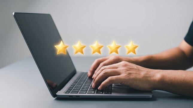 Person typing on laptop keyboard with five golden stars floating above representing excellent customer service rating, positive online feedback, digital marketing success