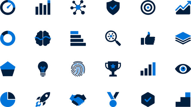 Business performance analysis and development strategic blue icon collection