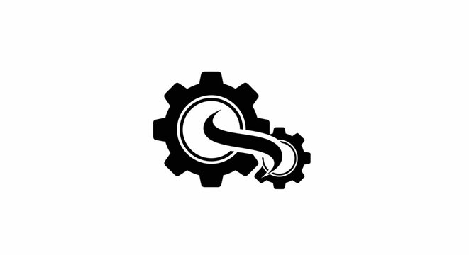 Black gear and arrow industrial logo icon on white background.