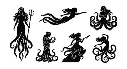 Fototapeta premium Silhouettes of mermaid like figures with octopus tentacles on a white background