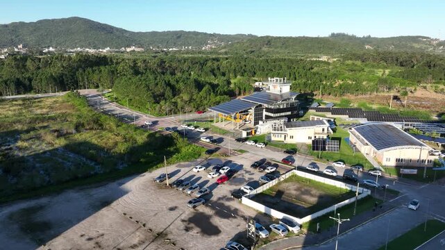 Technology and Innovation Complex Surrounded by Forest, Lakes and Green Landscape in Northern Florian&oacute;polis, Brazil. Aerial View.