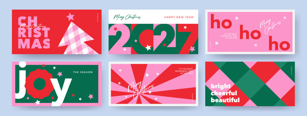 Naklejka premium Merry Christmas holiday covers or horizontal posters, greeting cards in modern geometric style for web, branding, social media advertising, promo, print, sales. Trendy Xmas layout design templates.
