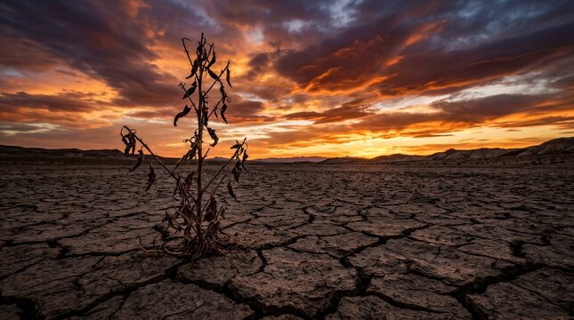 Desert landscape at sunset, cracked earth. Single dry plant stands defiantly. Vibrant orange sky contrasts with dark clouds. Distant hills frame the desolate scene