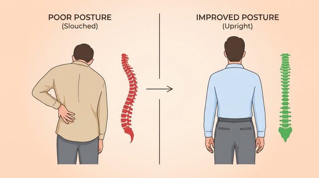 Medical illustration comparison showing poor slouched posture versus improved upright stance, highlighting human spine anatomy alignment, back pain reliefs, ergonomic health