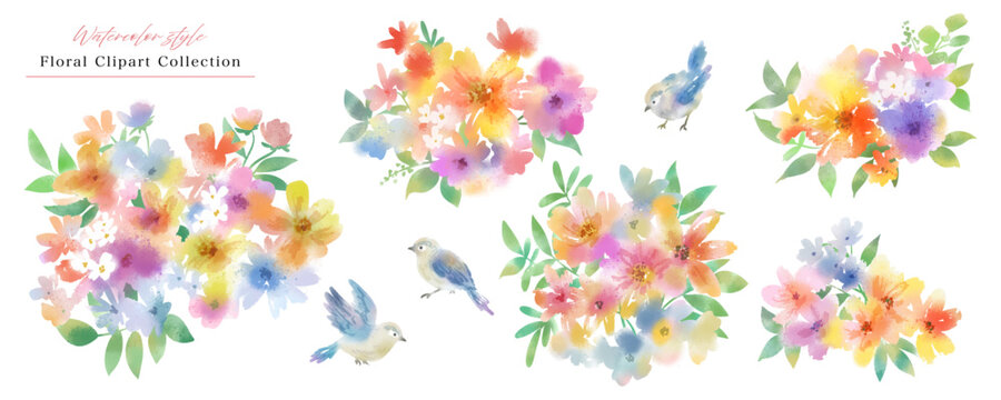 Modern floral vector clipart set with hand-painted watercolor-style colorful wildflowers and a little bird, for greeting card, wedding invitation and stationary. Botanical illustrations.