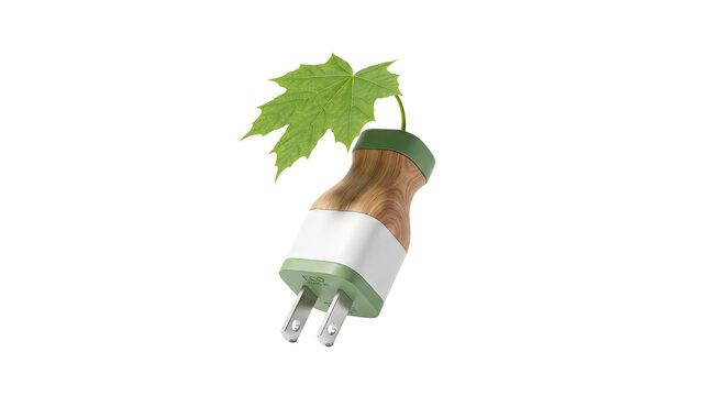 Green energy power plug with wooden body and growing leaf, eco friendly electricity concept, sustainable renewable power source isolated PNG with Transparent Background