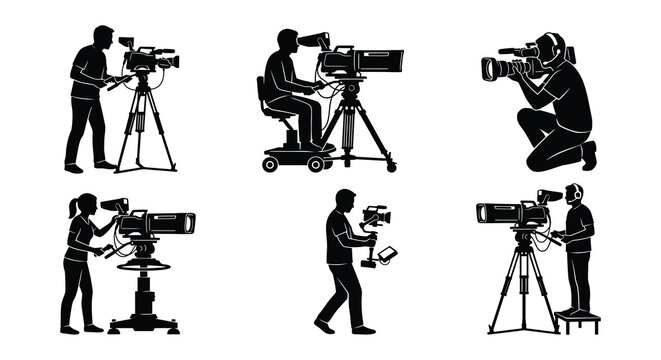 Film crew silhouettes operating various camera equipment on white background