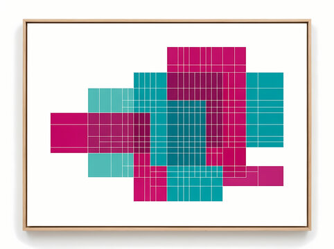Abstract geometric art print featuring overlapping magenta and teal grid squares on white background.