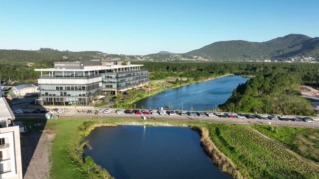 Technology and Innovation Complex Surrounded by Forest, Lakes and Green Landscape in Northern Florian&oacute;polis, Brazil. Aerial View.