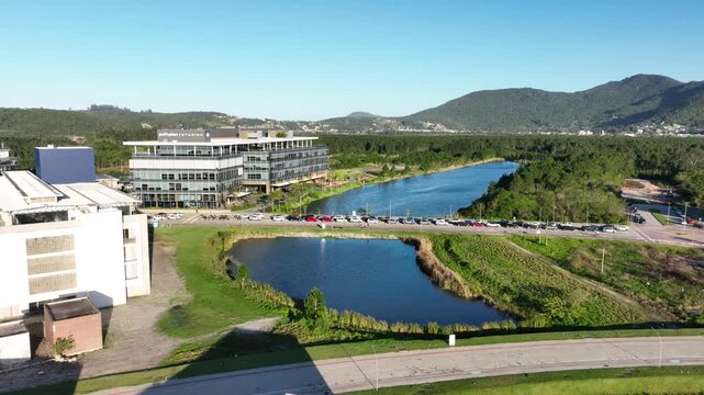 Technology and Innovation Complex Surrounded by Forest, Lakes and Green Landscape in Northern Florian&oacute;polis, Brazil. Aerial View.