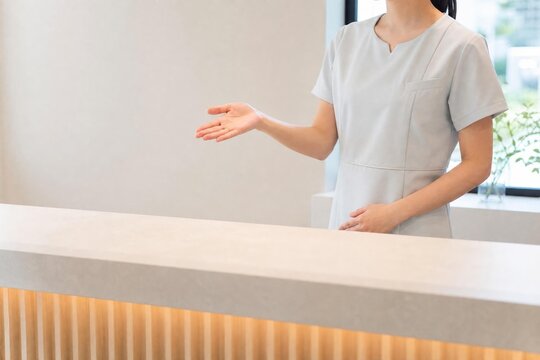 Smiling receptionist welcoming patients at a dental clinic desk