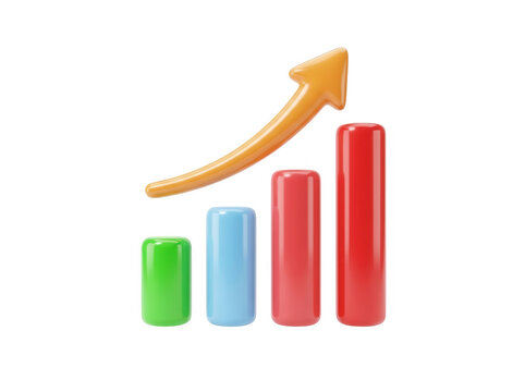 Colorful 3d business bar chart with upward arrow isolated on transparent background for financial growth data analysis