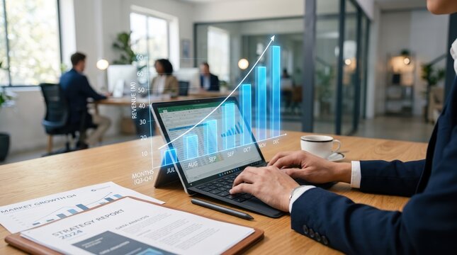 Businessman analyzing financial revenue growth chart on laptop with holographic data visualization in modern office, corporate strategy report and market analysis for business