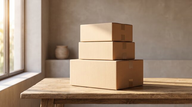Stack of three brown cardboard boxes on rustic wooden table near window with natural sunlight, representing e-commerce delivery, shipping logistics, moving house packaging