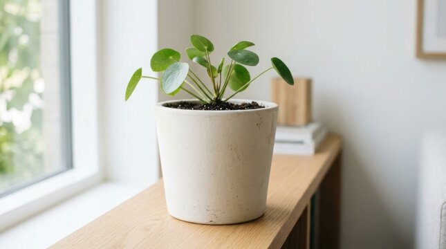 Potted pilea plant with round green leaves in a minimalist ceramic container positioned on a modern wooden ledge.